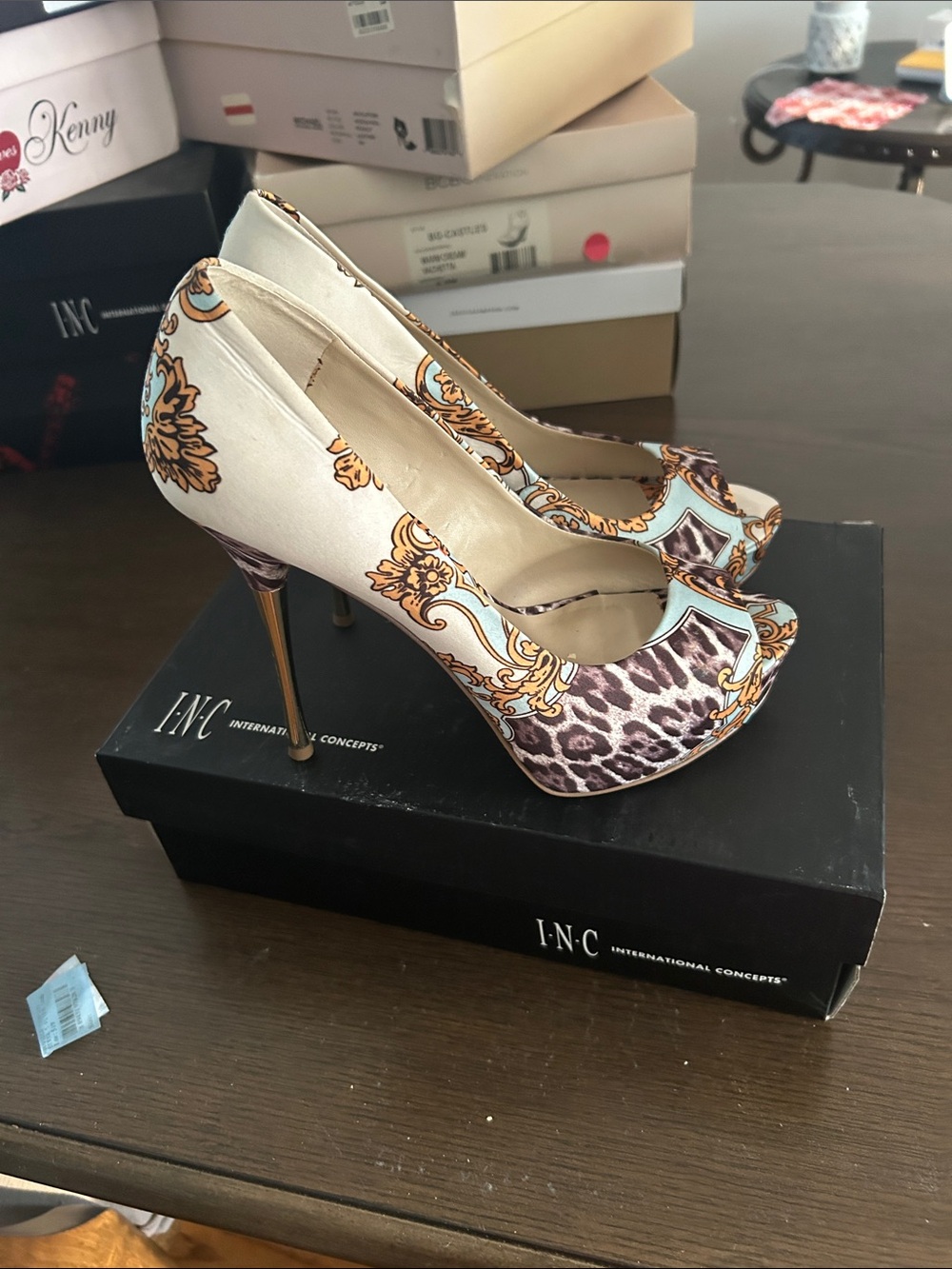 INC International Concepts Cream and Gold Baroque Leopard Peep-Toe Pumps